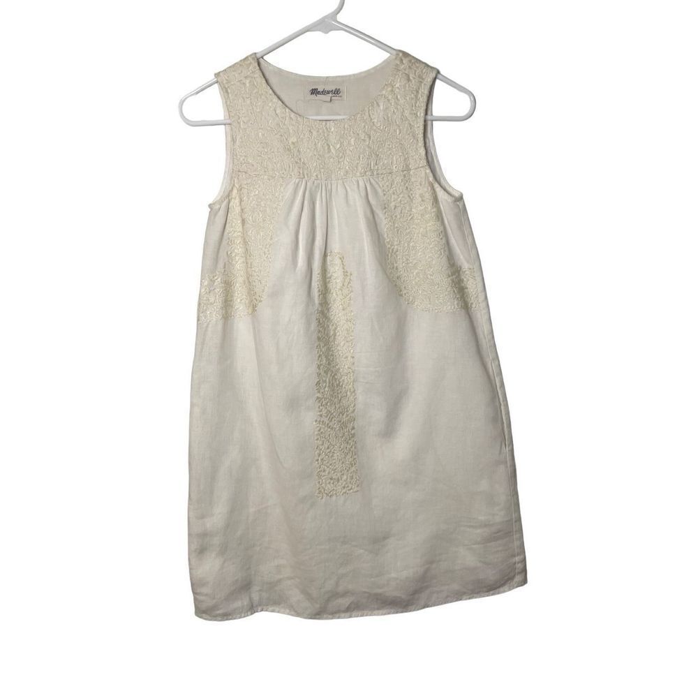 Madewell 100% Linen White and Gold Embroidery Dress, Size XXS